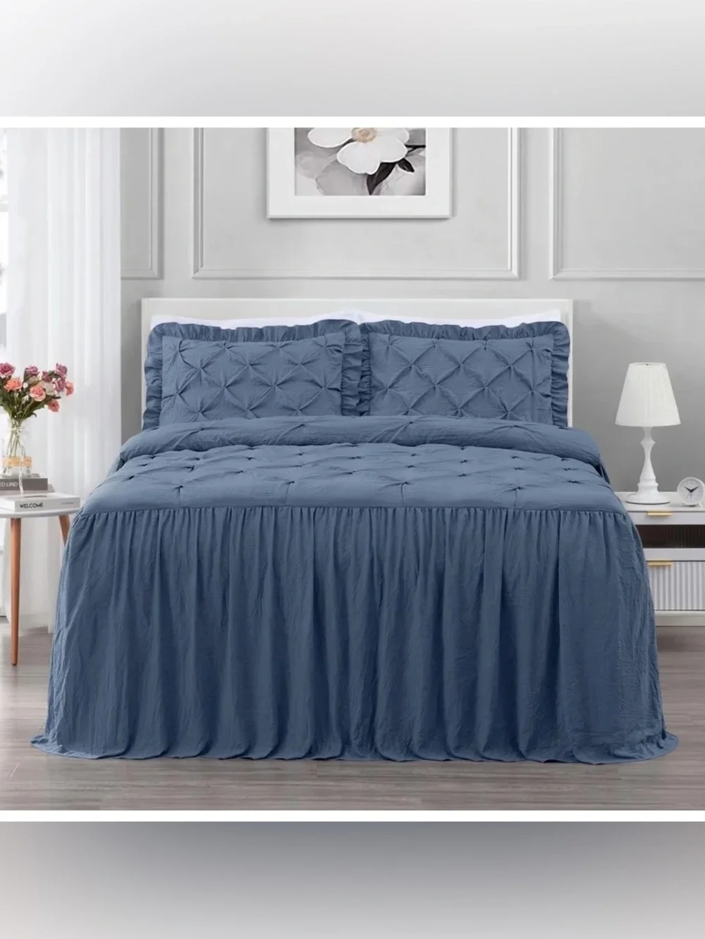 Blue Pinch-Pleat king 3 piece Bedspread Set